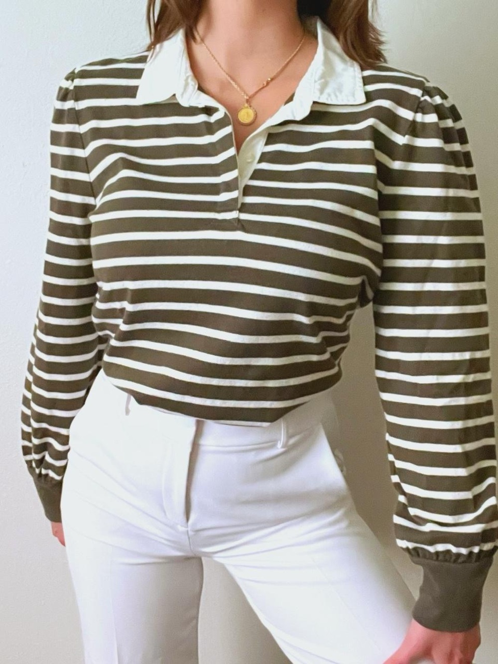 Talbots olive green and white polo style striped long sleeve collared shirt